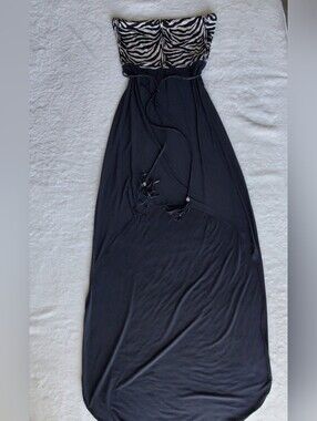 Black Maxi Dress with Zebra-Print Bust and Tassel Tie